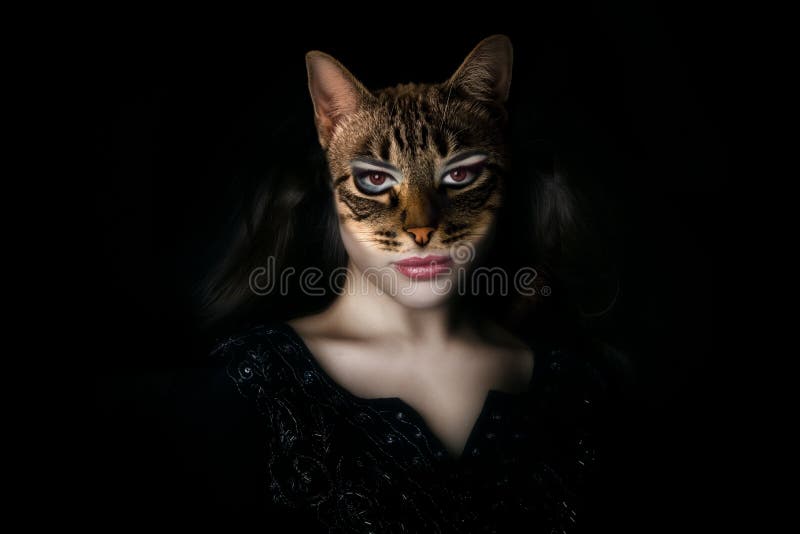 Beautiful woman cat  collage conceptual creative image stock images