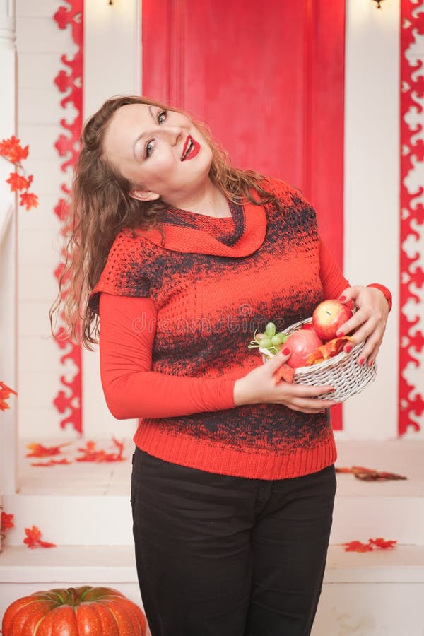 Beautiful Caucasian Emotional Chubby Woman With Apples In Small Basket 