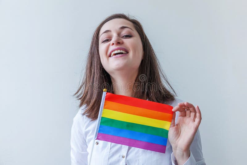 Beautiful Caucasian Lesbian Girl With Lgbt Rainbow Flag Isolated On 