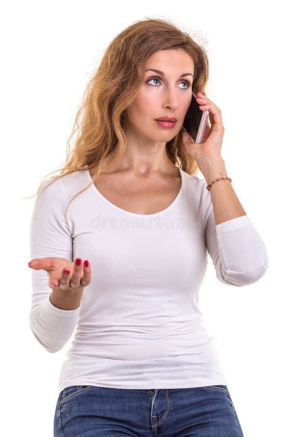 Beautiful Caucasian Woman In White T-shirt Using Smartphone. Stu Stock