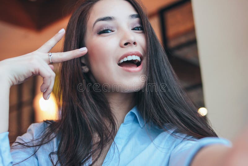 Beautiful Charming Brunette Smiling Asian Girl Taking Selfie On Frontal