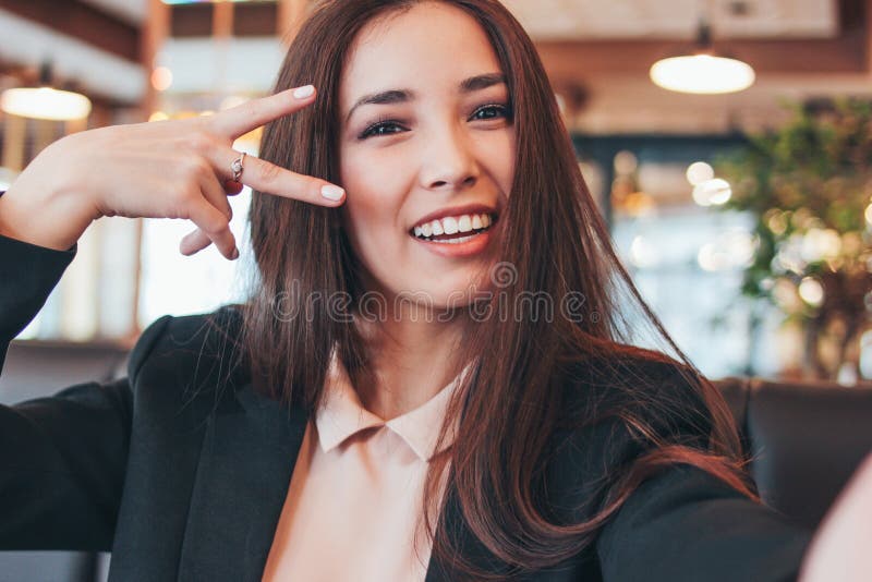 Beautiful Charming Brunette Smiling Asian Girl Taking Selfie On Frontal