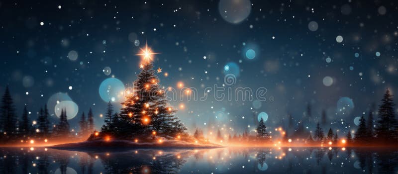 Beautiful Christmas tree in abstract lights bokeh background. Copy space for text. High quality photo AI generated