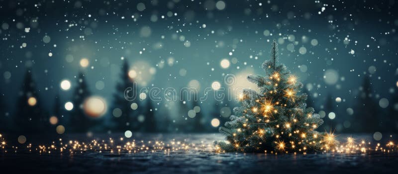 Beautiful Christmas tree in abstract lights bokeh background. Copy space for text. High quality photo AI generated. Beautiful Christmas tree in abstract lights bokeh background. Copy space for text. High quality photo AI generated