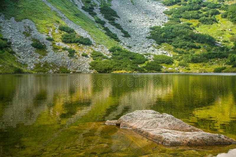 Krásné, čisté jezero v horském údolí za klidného slunečného dne. Horská krajina s vodou v létě.