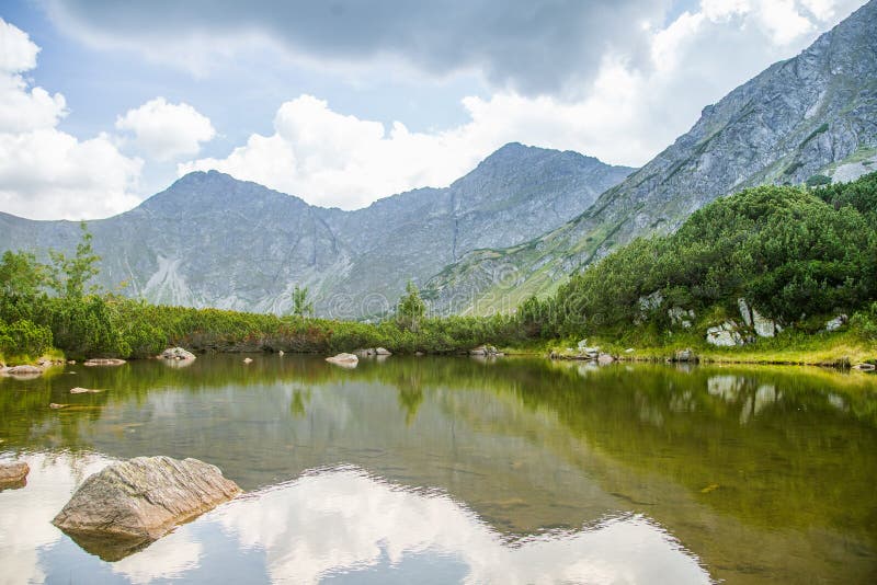 Krásné, čisté jezero v horském údolí za klidného slunečného dne. Horská krajina s vodou v létě.