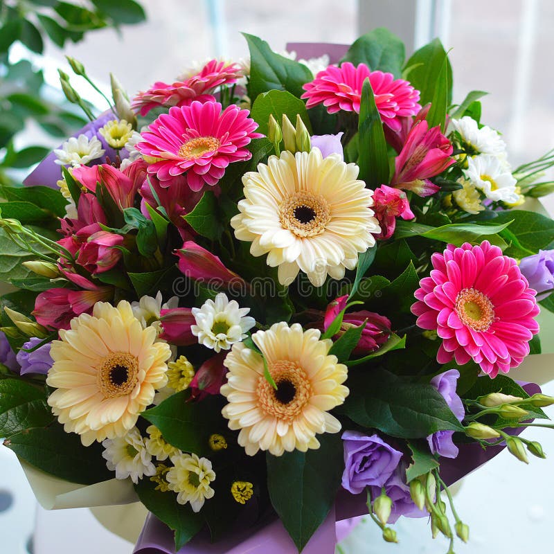 Beautiful colorful bouquet on white table