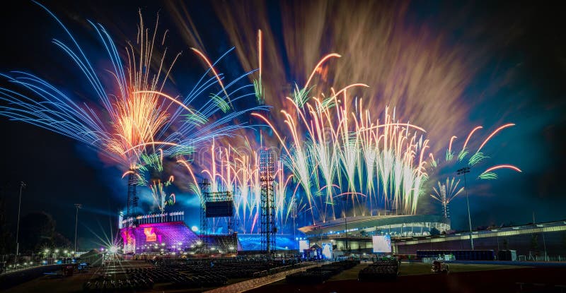 Beautiful colorful fireworks of the Commonwealth Games Opening Ceremony in Birmingham, UK