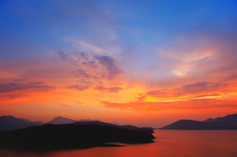 Beautiful colorful sunset over Aegean sea royalty free stock photo