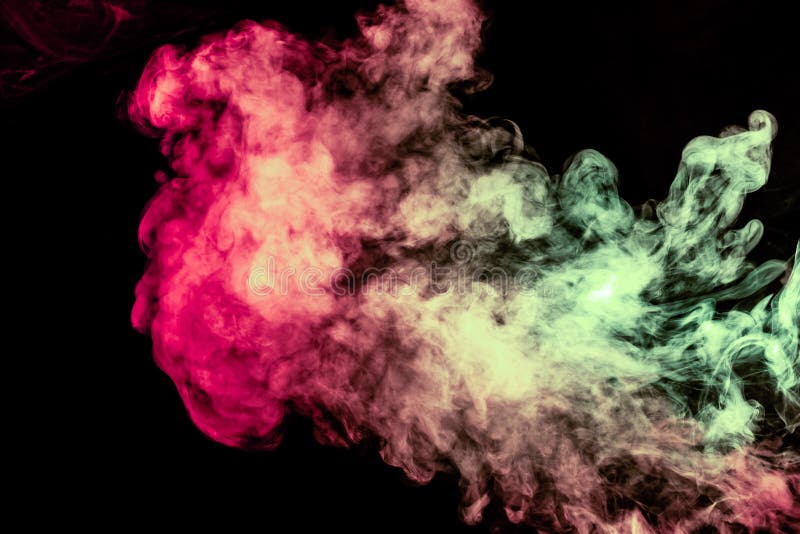 Beautiful column of smoke in the neon bright light of red, green, pink and turquoise on a black background exhaled out of the vape. Nice pattern for printing and backdrop of colored waves