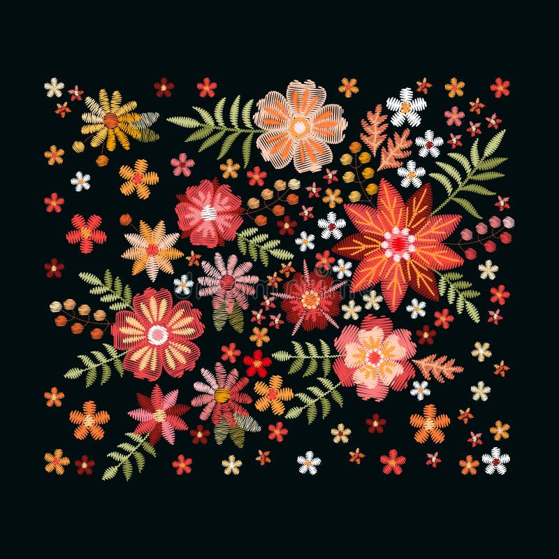 Beautiful composition with embroidered flowers in red and yellow colors on black background royalty free illustration