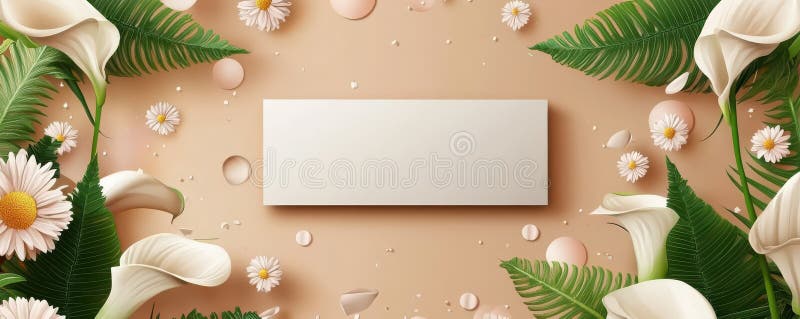 Elegant rectangular frame surrounded by calla lilies, daisies, and lush greenery against a pastel background. A beautiful composition featuring an empty rectangular frame encircled by delicate calla lilies, charming daisies, and vibrant green leaves. Set against a soft pastel background, this image exudes elegance and tranquility, perfect for various creative uses. AI generated