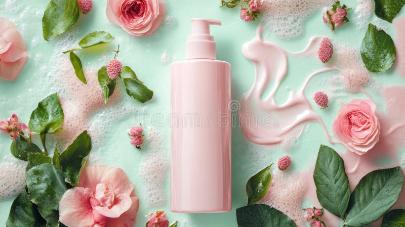A beautiful composition featuring a pink cosmetic bottle surrounded by roses, leaves, and creamy textures, perfect for skincare vector illustration