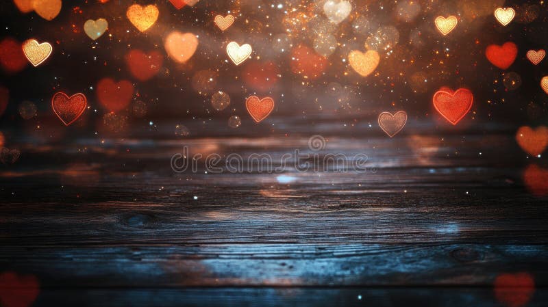 Beautiful composition of glowing hearts on a wooden background vector illustration