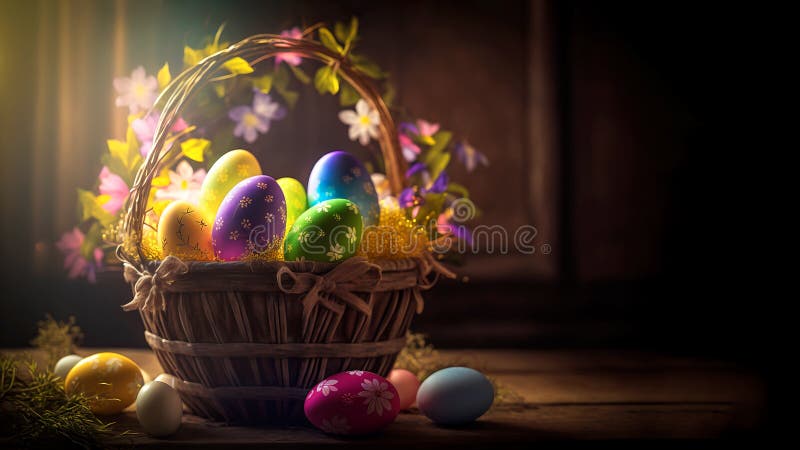 Beautiful composition of painted Easter eggs and an Easter basket decorated with wild flowers and grass is located on oak boards vector illustration
