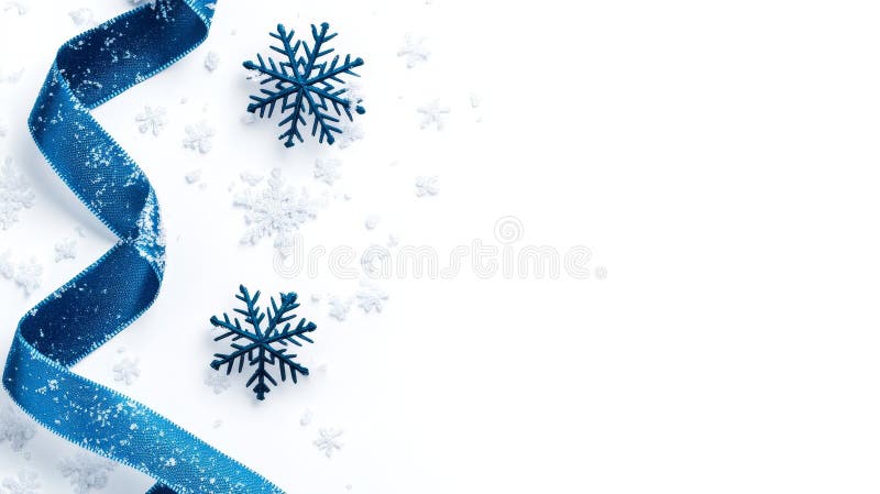 Blue Ribbon and Snowflakes on White Winter Background A beautiful composition showcasing a blue ribbon snowflakes and a winter royalty free illustration
