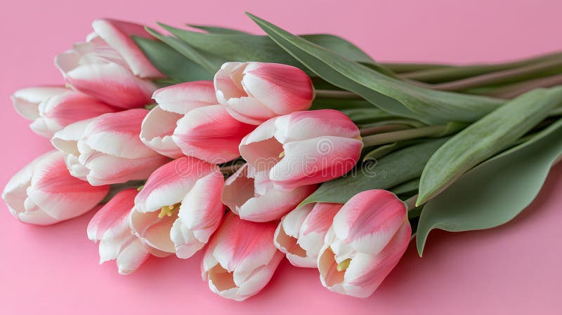 Beautiful composition spring flowers. Bouquet of pink tulips flowers on pastel pink background stock illustration