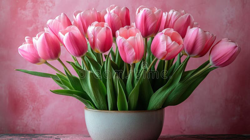 Beautiful composition spring flowers. Bouquet of pink tulips flowers on pastel pink background royalty free illustration