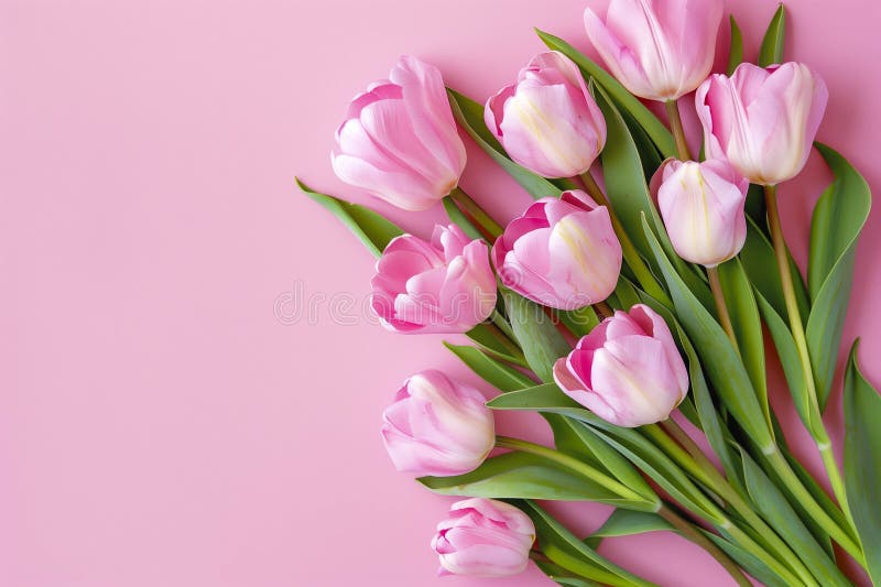 Beautiful composition spring flowers. Bouquet of pink tulips flowers on pastel pink background royalty free illustration