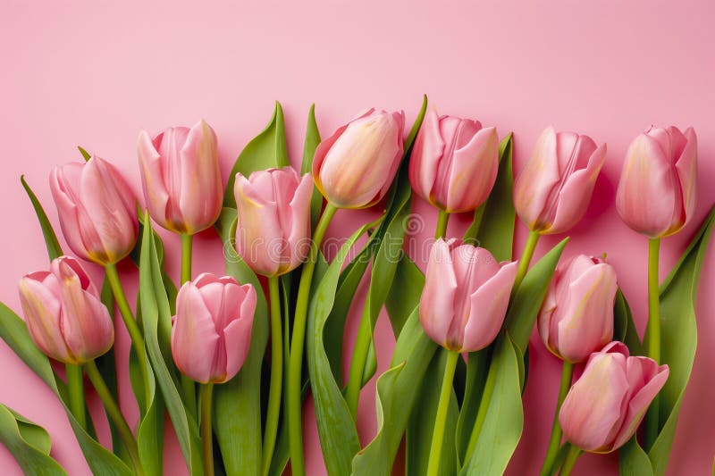 Beautiful composition spring flowers. Bouquet of pink tulips flowers on pastel pink background stock illustration