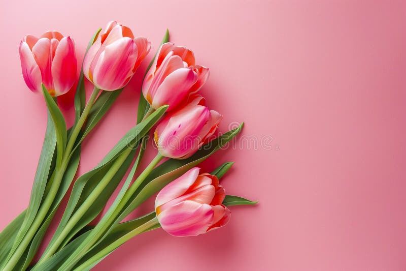 Beautiful composition spring flowers. Bouquet of pink tulips flowers on pastel pink background stock illustration