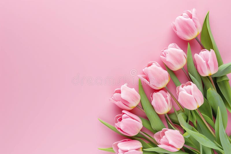 Beautiful composition spring flowers. Bouquet of pink tulips flowers on pastel pink background stock illustration