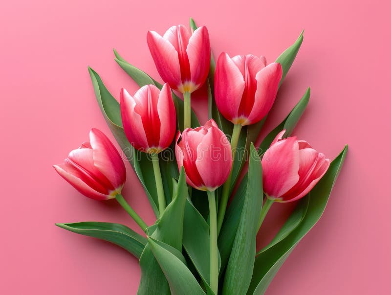 Beautiful Composition of Spring Flowers: Bouquet of Pink Tulips on Pastel Pink Background vector illustration.