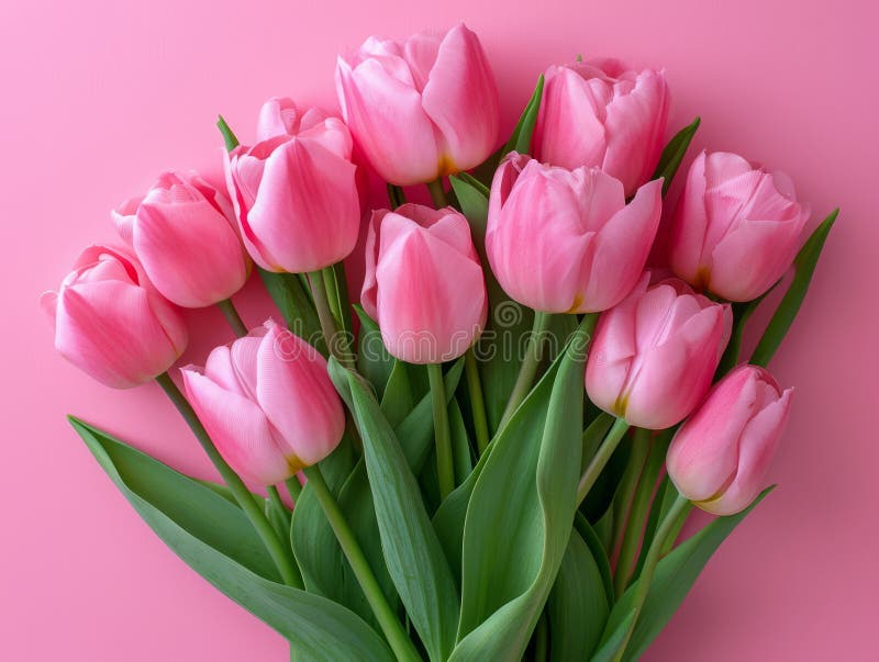 Beautiful Composition of Spring Flowers: Bouquet of Pink Tulips on Pastel Pink Background royalty free illustration.