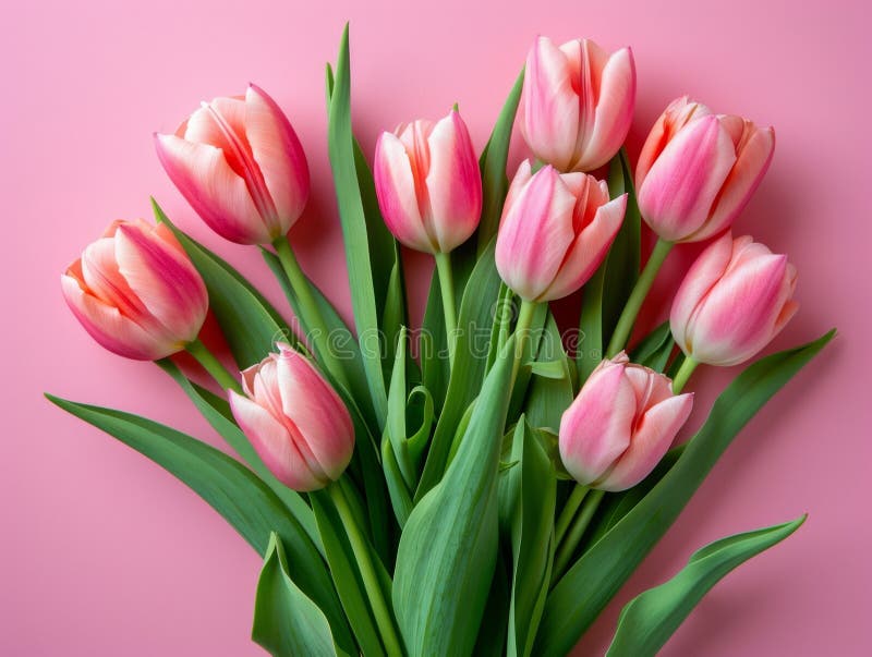 Beautiful Composition of Spring Flowers: Bouquet of Pink Tulips on Pastel Pink Background vector illustration.
