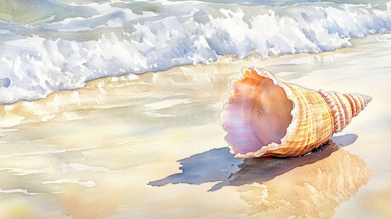 A beautiful conch shell rests on a sandy beach with gentle waves lapping at the shore during a tranquil afternoon, watercolor royalty free illustration