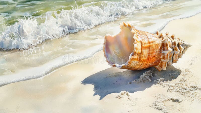 A beautiful conch shell rests on a sandy beach with gentle waves lapping at the shore during a tranquil afternoon, watercolor royalty free illustration