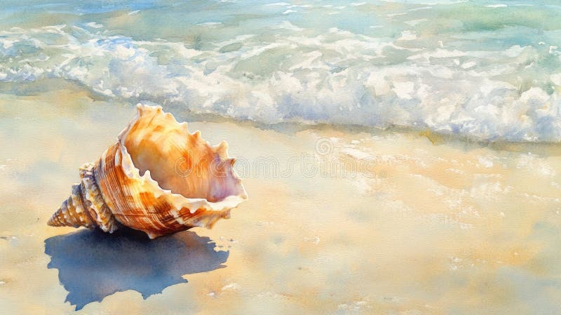 A beautiful conch shell rests on a sandy beach with gentle waves lapping at the shore during a tranquil afternoon, watercolor stock illustration
