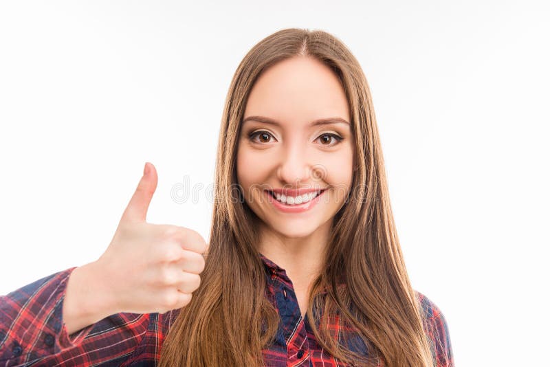 Beautiful Confident Girl Showing Thumbs Up and Smiling Stock Photo ...