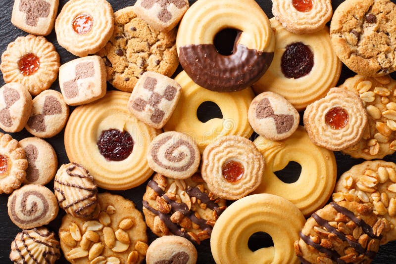 Beautiful cookies assorted close-up. background horizontal top v royalty free stock images