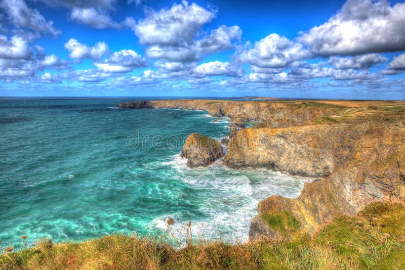 Beautiful Cornish coast Bedruthan Steps Cornwall England UK Cornish north coast near Newquay in stunning colourful HDR