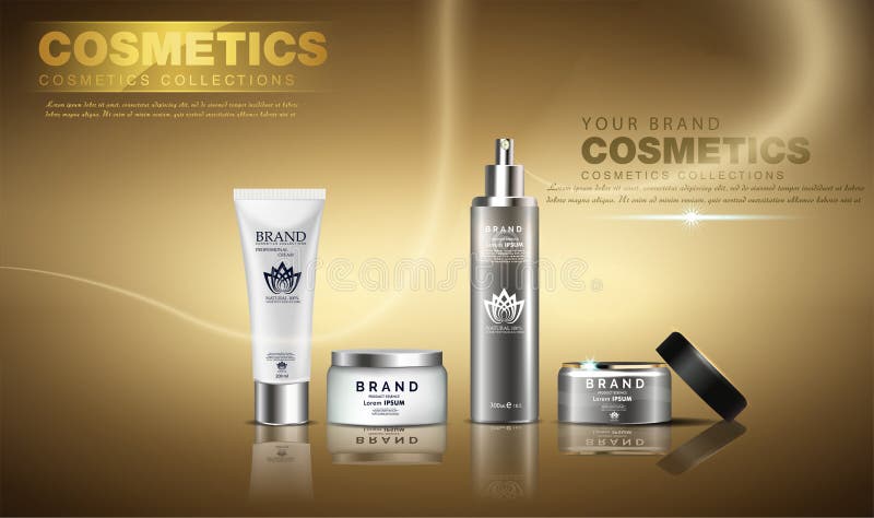 A beautiful cosmetic ads template, golden bottle design on a gold shiny background with splash bokeh and golden lighting flare e. Lighting bokeh illustrations