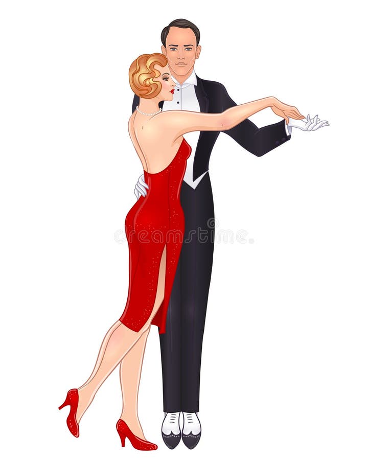 Beautiful couple in art deco style dancing tango. Retro fashion: glamour man and woman of twenties. Vector illustration. Flapper