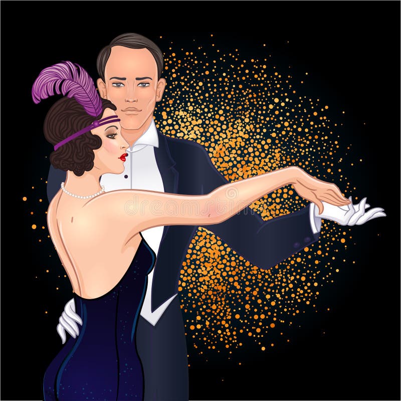 Beautiful couple in art deco style dancing tango. Retro fashion: glamour man and woman of twenties. Vector illustration. Flapper