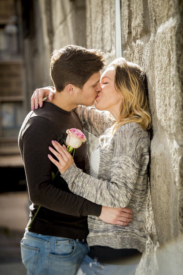 Beautiful Couple In Love Kissing On Street Alley Celebrating Valentines