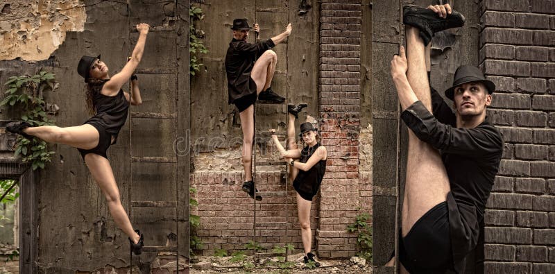 Beautiful couple of professional artists dancing in industrial building.