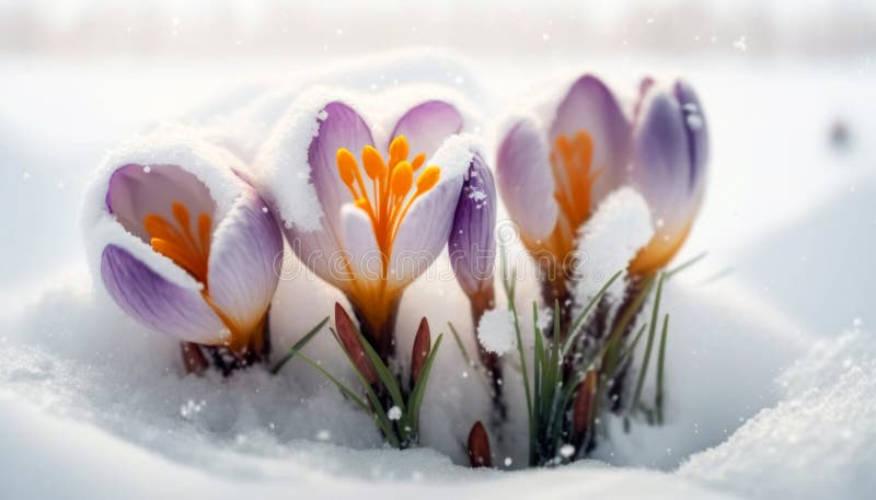 Beautiful Crocus Emerging from Snow at the edge of a forest on a bright Spring sunny day. vector illustration