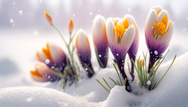 Beautiful Crocus Emerging from Snow at the edge of a forest on a bright Spring sunny day. vector illustration