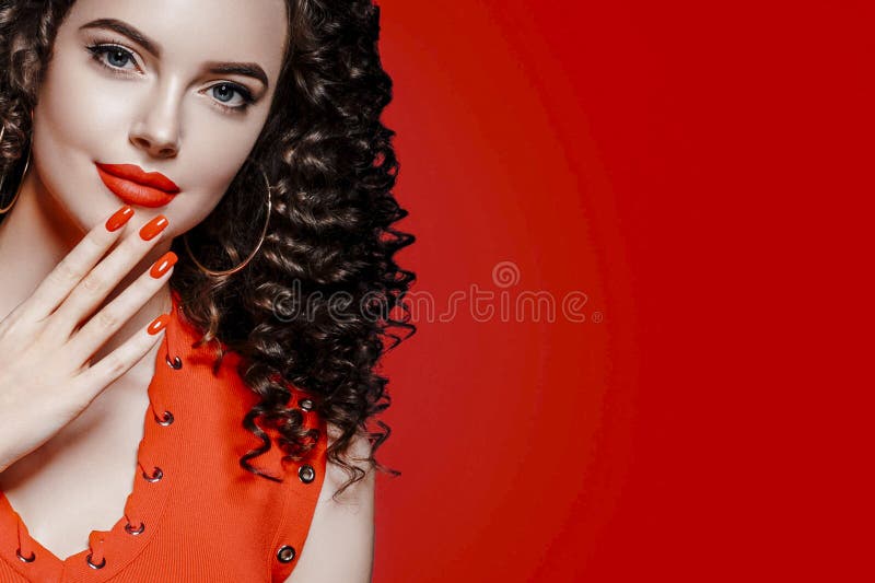 Beautiful Curle Hair Female in Red with Red Lips and Dress Manicure, Beauty Rose Afro Hairstyle Over Red Background Stock Photo - Image of model, hairstyle: 137459712 Beautiful Curle Hair Female in Red with Red Lips and Dress Manicure, Beauty Rose Afro Hairstyle Over Red Background Stock Photo - Image of model, hairstyle: 137459712
