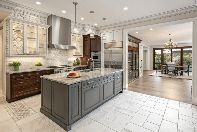 Beautiful Custom Kitchen Design Drawing and Gradated Photo Combination vector illustration