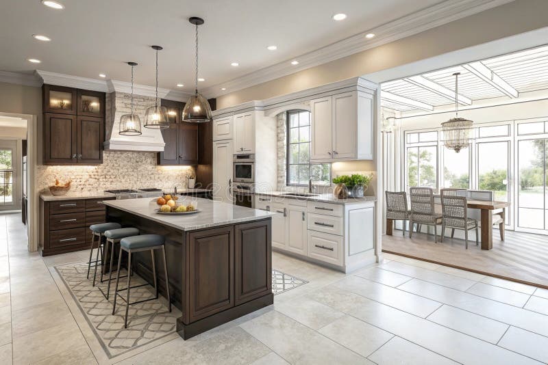 Beautiful Custom Kitchen Design Drawing and Gradated Photo Combination royalty free illustration