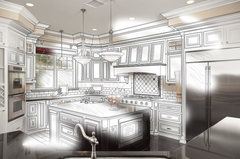 Beautiful Custom Kitchen Design Drawing and Photo Combination royalty free illustration
