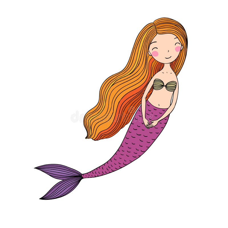 Beautiful Cute Cartoon Mermaid with Long Hair. Siren. Sea Theme Stock ...