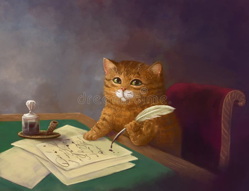 Beautiful cute ginger tabby cat sitting at the table and writing a letter with a pen. painting in the style of the 19th century