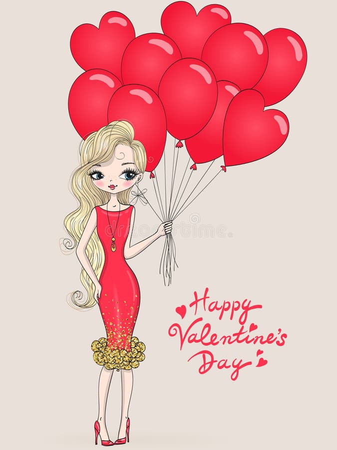 Beautiful, cute, romantic girl in love in a red dress with a balloons heart in the background with the words Happy Valentine`s day