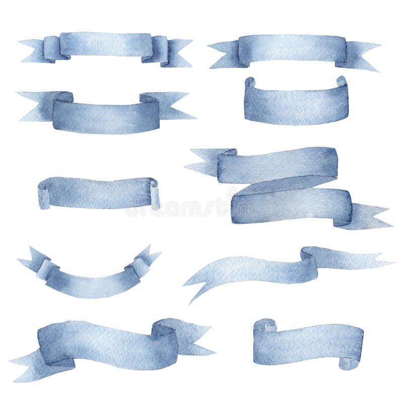 Beautiful cyan blue ribbon watercolour raster illustrations set